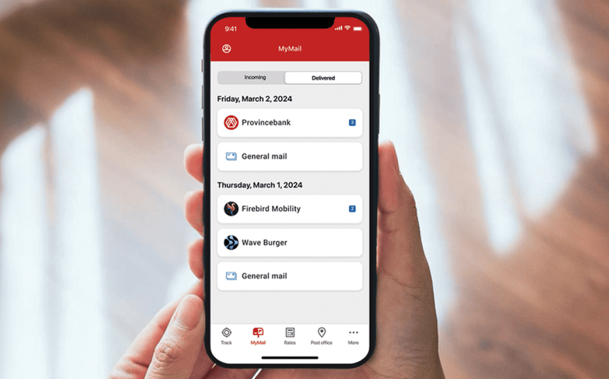 A cell phone screen displays the MyMail page of the Canada Post app. The header tabs show options for &ldquo;Incoming&rdquo; and &ldquo;Delivered&rdquo; mail. 